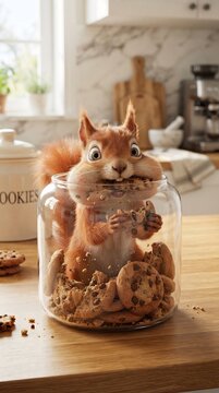 A cute red squirrel munching on chocolate chip cookies inside a clear glass kitchen jar