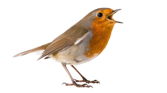 European Robin bird singing with open beak