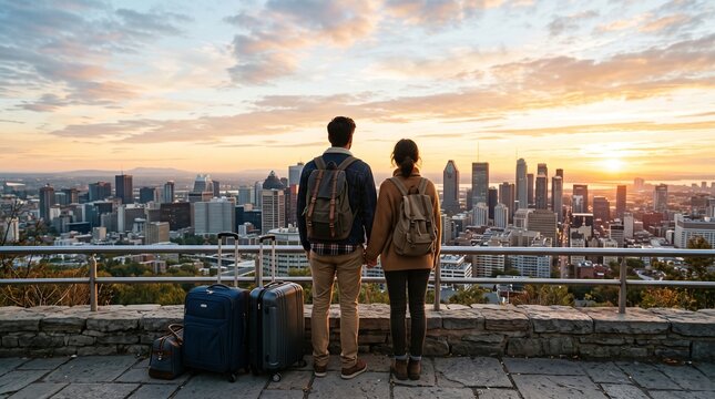 Two people with luggage standing outdoors
