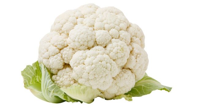 Fresh white cauliflower with green leaves, isolated on transparent background