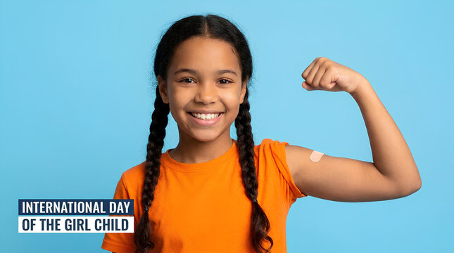 Girl flexing arm with bandage for vaccine awareness