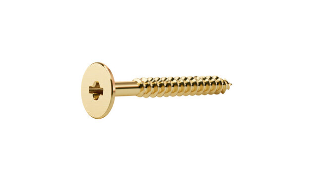 Shiny brass flat head screw with cross slot, isolated on transparent background