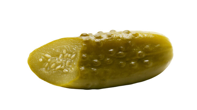 Dill pickle slice with visible seeds and bumpy texture, isolated on transparent background