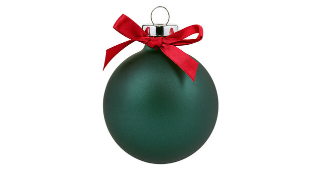 Matte dark green Christmas bauble with red ribbon bow, isolated on transparent background