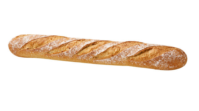 Golden brown crusty French baguette with flour dusting, isolated on transparent background