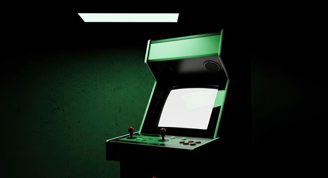 Retro Arcade Machine in Dark Green Lit Room.