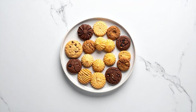 A round white plate featuring various chocolate and vanilla cookies on a white marble surface