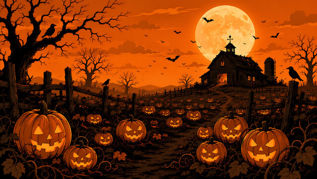Spooky halloween pumpkin patch under glowing full moon with silhouette farmhouse barn landscape