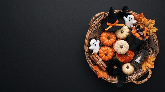 Halloween Mini Pumpkins Ghost Wicker Basket Dark Background Flat Lay