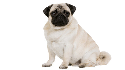 Fototapeta premium Fawn pug dog sitting looking forward, white