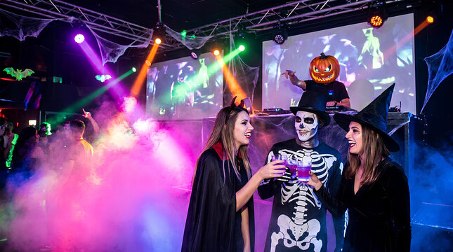 Friends in Halloween costumes at neon smoke party.