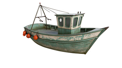 Weathered green wooden fishing boat with orange buoys © Ari