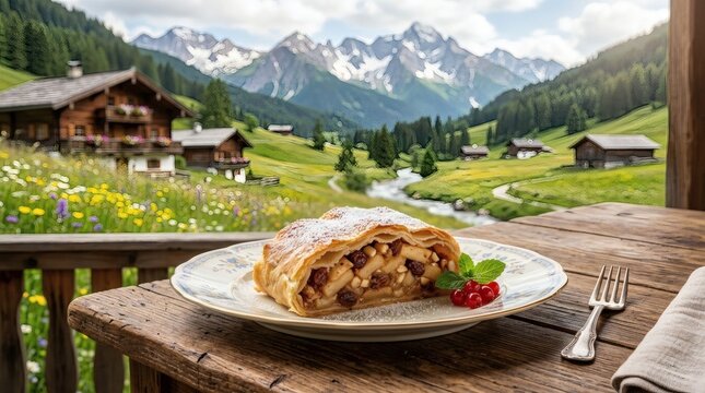 Apple Strudel Dessert Alpine Village Mountain Landscape Austria Dining