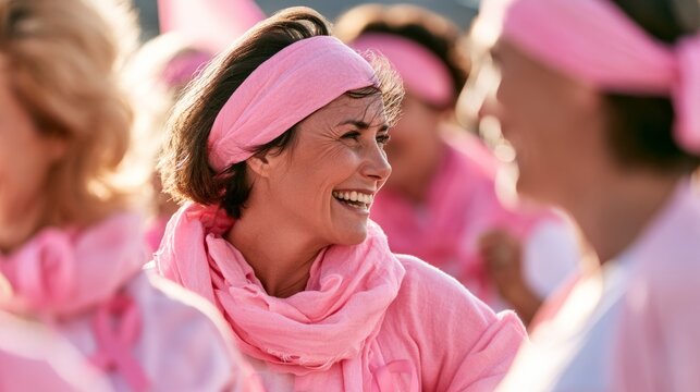 Smiling woman wearing pink at a breast cancer awareness event, hope, community support, healthy lifestyle, Breast Cancer Awareness Month.