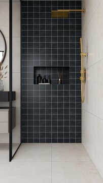 Contemporary bathroom showcasing black and white tiles, creating a sleek and elegant atmosphere.