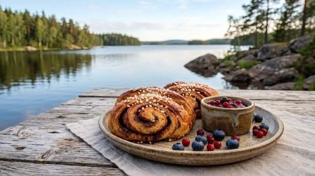 Cinnamon Roll Pastry Berries Calm Lake Forest Landscape Dining