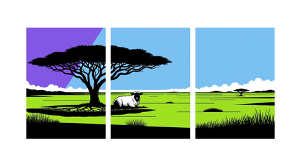 Fototapeta premium Sheep Resting Under Acacia Tree in Savanna Landscape Triptych