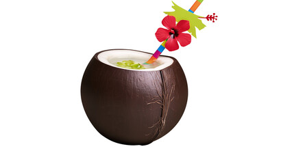 Whole coconut filled with green liquid and garnished with a colorful straw and hibiscus flower © Ari