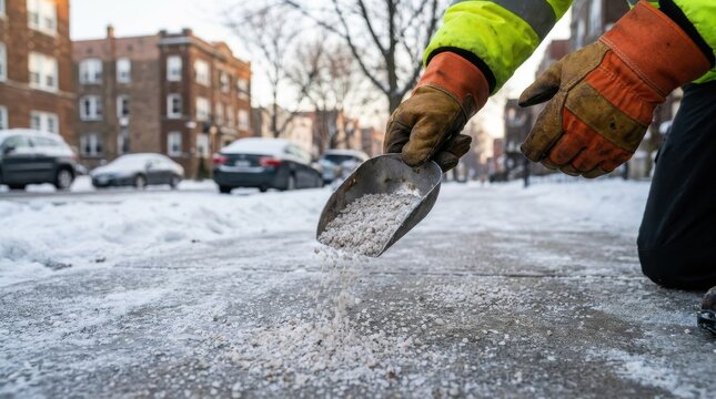 Worker Sprinkling Rock Salt On Frozen Sidewalk To Prevent Slipping During Winter Season With City Buildings And Cars In Blurred Background Urban
