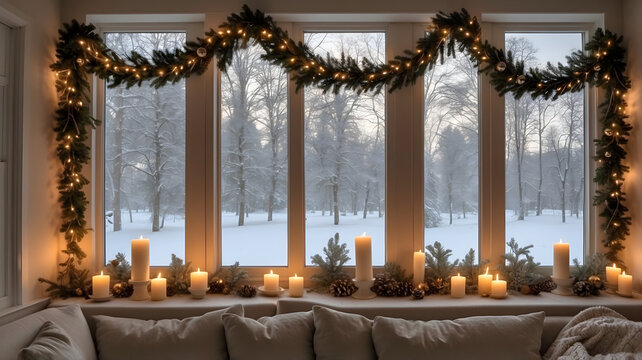 Cozy room window decorated for Christmas with pine garland and multiple burning candles
