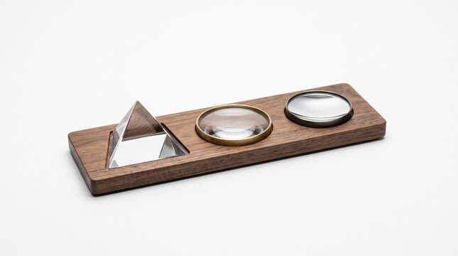 Collection of glass prisms and lenses on a wooden tray, optics physics concept