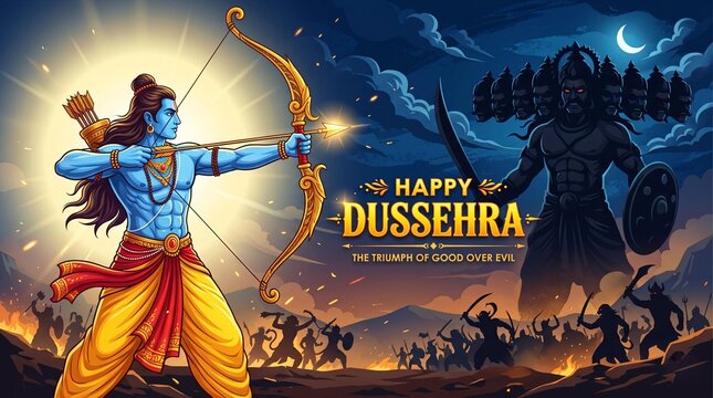 War of Lord Rama and Ravana Happy Dussehra, Navratri and Durga Puja festival of India