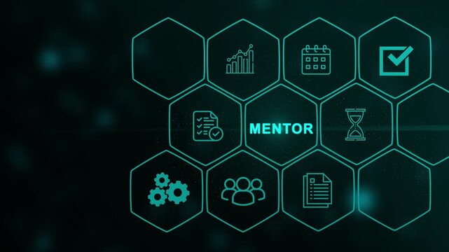 Mentoring concept. Mentoring with mentor advice, support and motivation, Modern Technology, digital interface on cyan color background