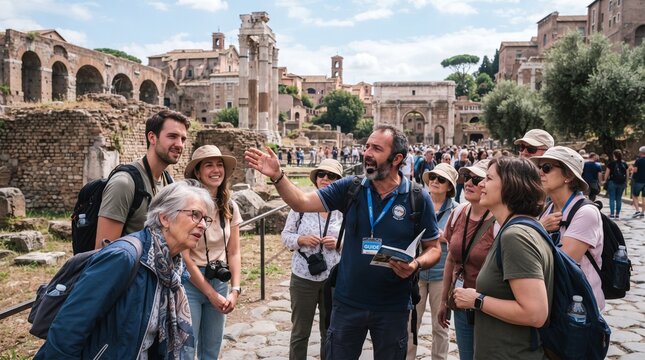Group of tourists guided by a local professional visiting historical roman ruins