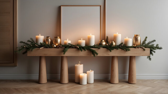  Elegant Christmas shelf decoration with multiple burning white candles and fir garland