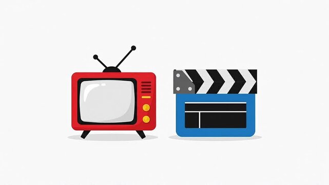 Colorful vector illustration of a vintage red television set and a blue movie clapperboard isolated on a white background for entertainment and media concepts