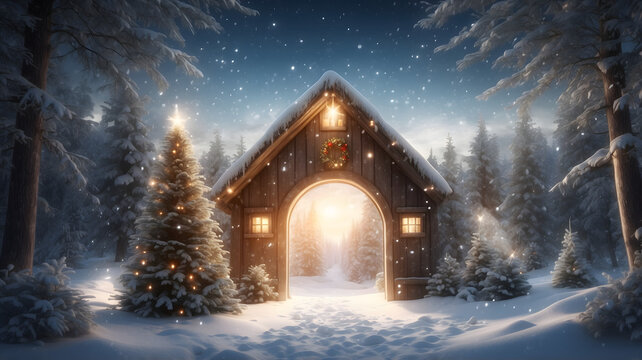 Magical winter fairytale house archway with glowing light inside and snowy pine forest
