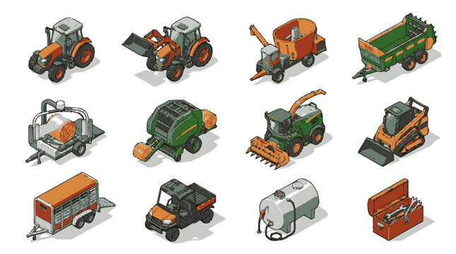 Collection of isometric farm vehicles and machinery in a flat design style.