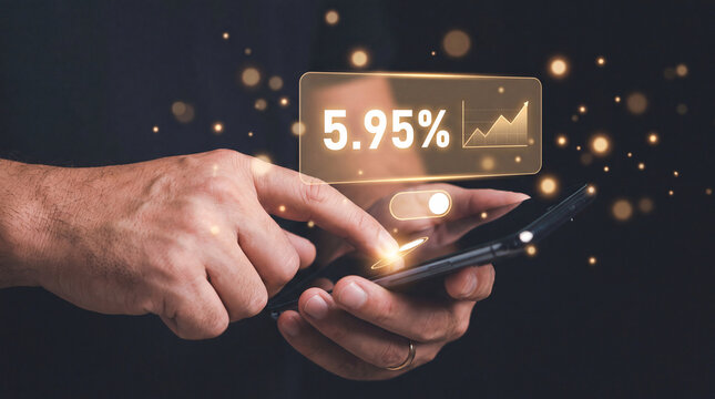 man adjusts glowing home equity toggle interface with rising percentage chart on smartphone to compare loan rate options, visualize refinance savings, and manage property investment decision