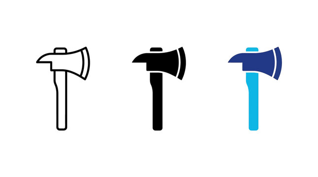 Set of three axe icons for camping, forestry, and emergency rescue, featuring outline, solid, and colorful vector styles