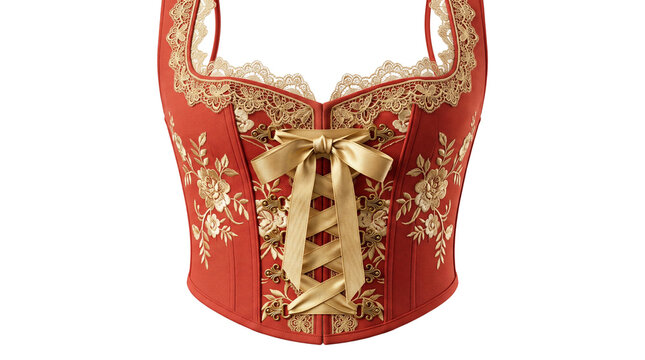 Traditional red dirndl bodice with gold floral embroidery, elegant Bavarian corset with lace trim, folk costume for Oktoberfest