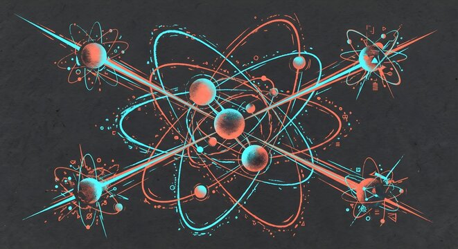 Artistic risograph print style quantum computing qubit sphere on charcoal background