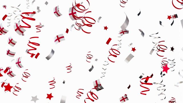Confetti falls with national flags of England in a 3D animation. This shows a festive atmosphere celebrating the pride of a country. The colors and movement bring energy to the scene
