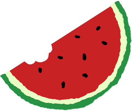 Hand drawn bitten watermelon slice illustration with textured crayon brush, cute organic summer fruit wedge with bite mark
