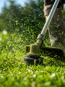 Man Trimming Green Grass Lawn With Brushcutter