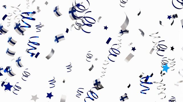 Confetti falls with Finland's national flag surrounded by streamers and stars. This animation showcases a festive moment celebrating Finland's identity