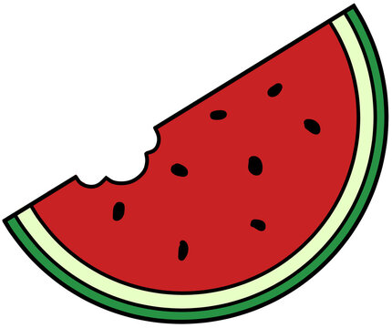 Cute bitten watermelon slice vector illustration with clean black outline, isolated juicy summer fruit wedge with bite mark