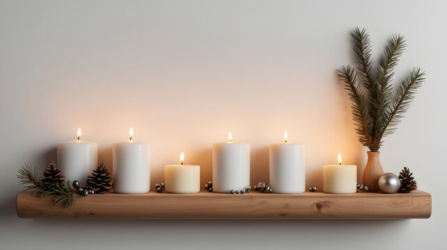 Minimalist Christmas composition with burning white candles on rustic wood over light background