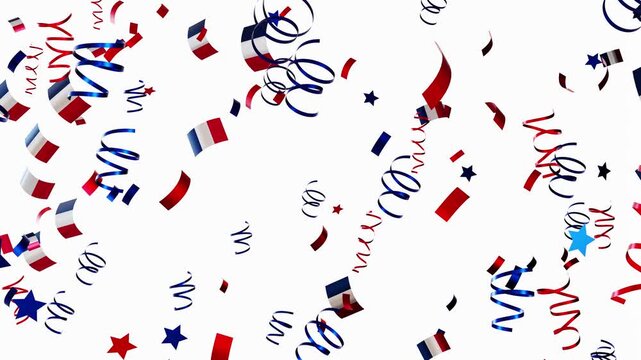 Confetti and ribbons fall from above in colors of the national flag of France. The 3D animation creates a festive feeling, celebrating a national event