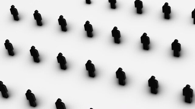 Overview of 3D Black Male Figures on White Floor with Shadow. Ideal for themes of big data, demographic studies, digital networking, human resources, market research.