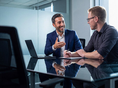 Two professional businessmen discussing strategies and making notes during a collaborative meeting in a modern office.