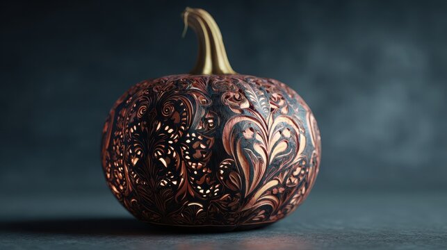 Pumpkin carved with intricate floral filigree patterns glows from within, showcasing a masterful artisanal design that highlights the delicate craftsmanship of seasonal holiday decorative art pieces.