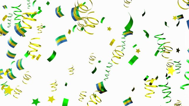 Confetti falls in the air as a national flag of Gabon appears in a 3D animation. The colors and shapes create a festive atmosphere. A celebration is shown through this visual display