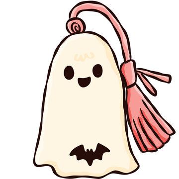 Cute Ghost Bookmark with Pink Tassel Hand Drawn Halloween Book Lover Doodle Illustration
