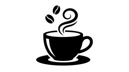 Fototapeta premium Coffee Cup With Beans And Steam Black Silhouette On White Background