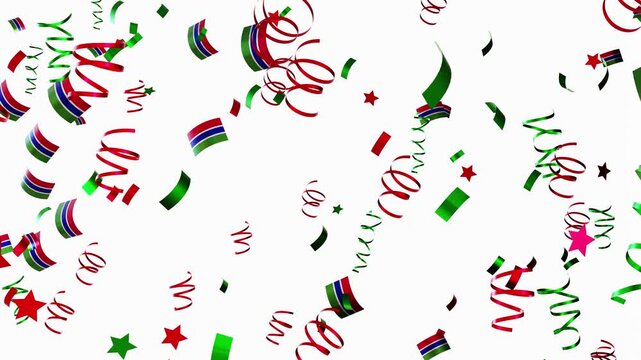 Confetti falls in a fun and lively way, featuring a national flag of Gambia. This 3D animation captures the spirit of celebration. Enjoy the colorful display and festive mood